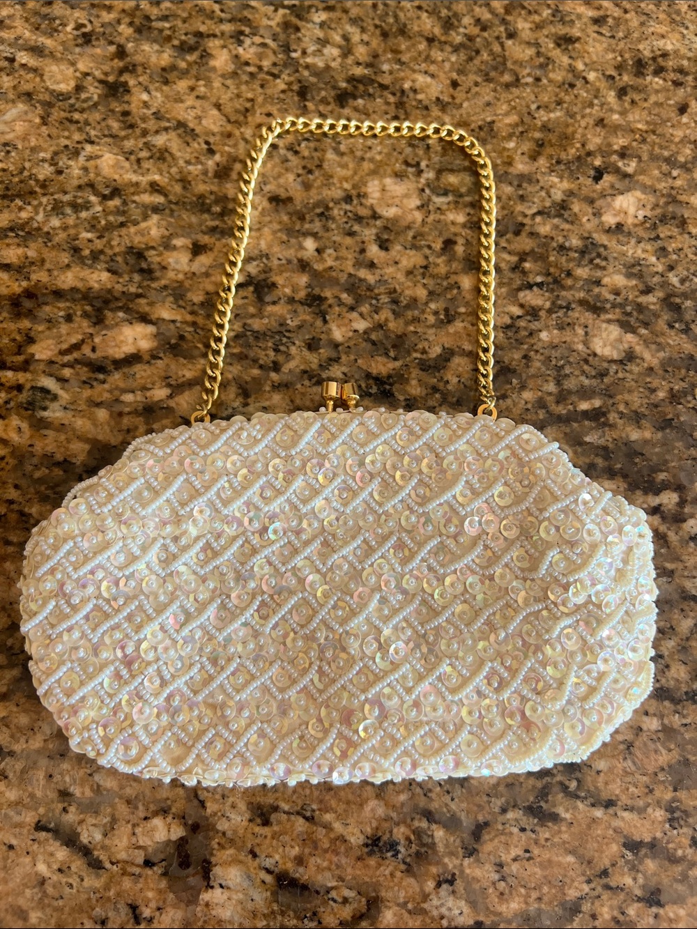 Beaded Pearl White Evening Clutch with Gold Chain